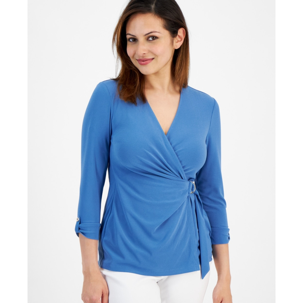 Jones New York Size Large Petite Light Blue D-Ring 3/4-Sleeve Top NWT